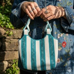 NWT Striped Teal & White Beaded Shoulder Bag Sparkle ✨